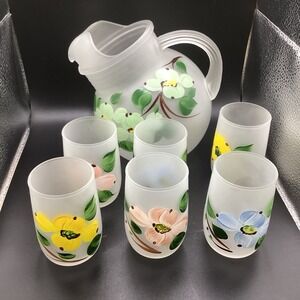 VTG Hazel Atlas Frosted Satin Glass Ball Pitcher W/ 6 Glasses-1950s- Floral‎
